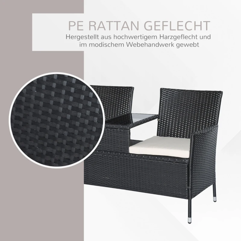 Poly-rotan tuinbank met tafel tuinbank bank 2-zits staal zwart