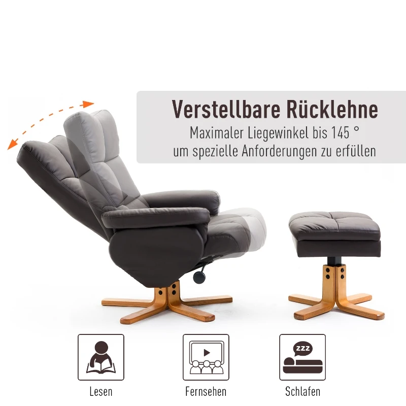 HOMCOM Relaxstoel met kruk tv-stoel 360° draaibaar ligfunctie hout bruin(m-4)