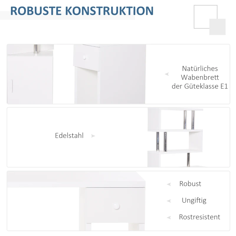 HOMCOM L-vormig / I-vormig bureau, computerbureau, hoekbureau, roestvrij staal, wit