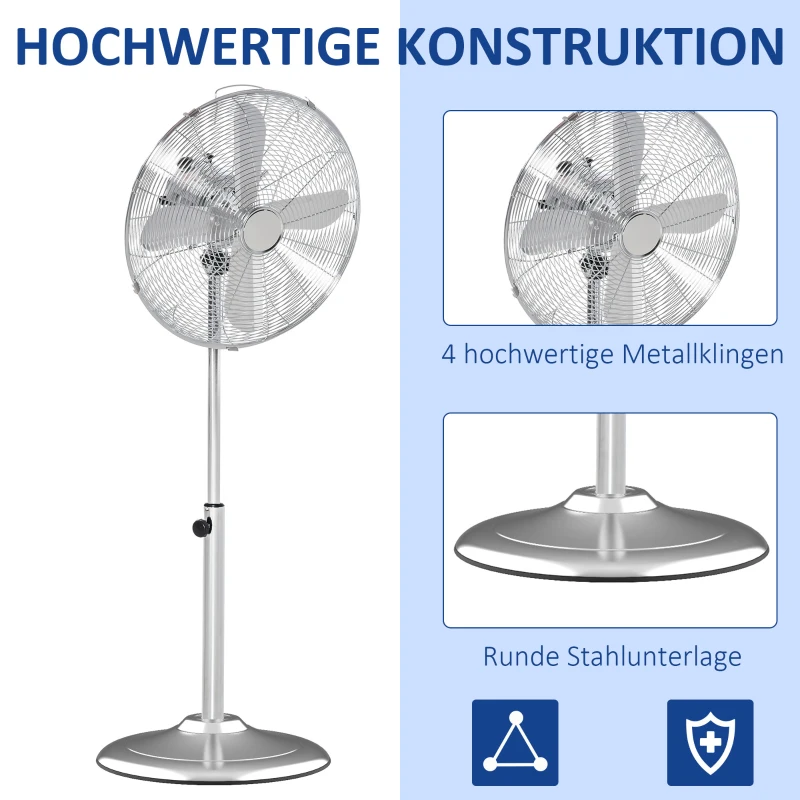 HOMCOM Statiefventilator ventilator in hoogte verstelbaar 3 snelheden staal zilver