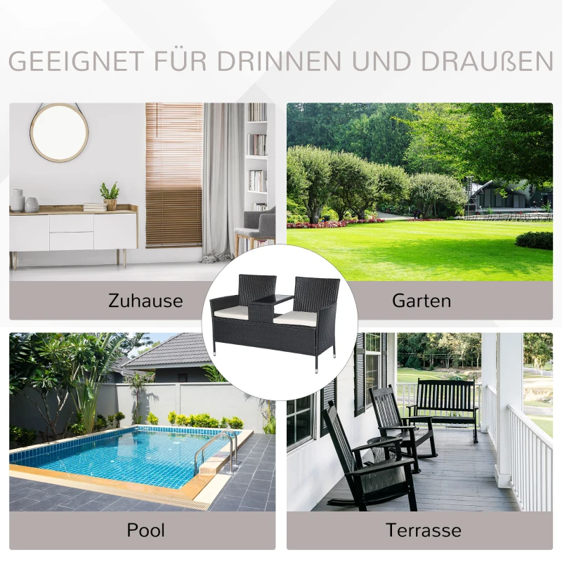 Poly-rotan tuinbank met tafel tuinbank bank 2-zits staal zwart