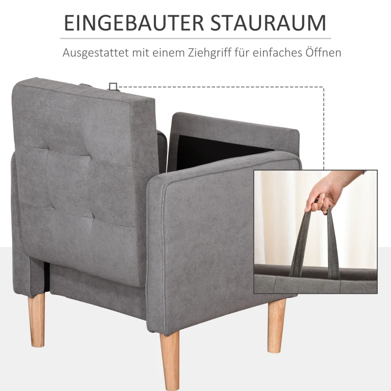 HOMCOM Eenpersoonsstoel relaxstoel met opbergruimte gestoffeerde stoel bank houten poten polyester