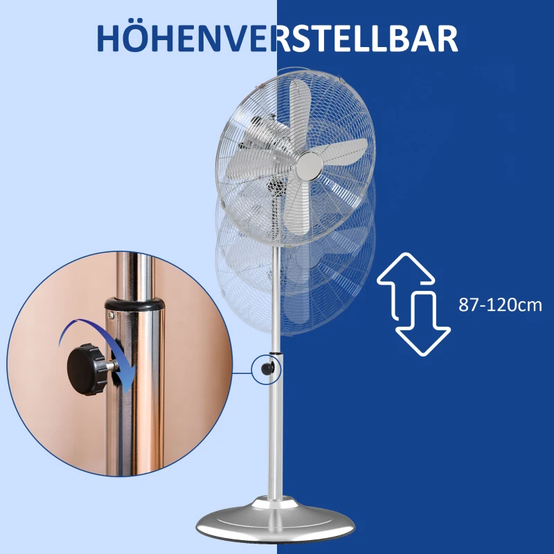HOMCOM Statiefventilator ventilator in hoogte verstelbaar 3 snelheden staal zilver