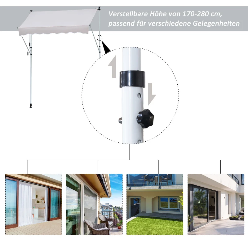 Outsunny Luifel opklaparm klem luifel zonwering handslinger balkon aluminium 3 x 1,2 m creme
