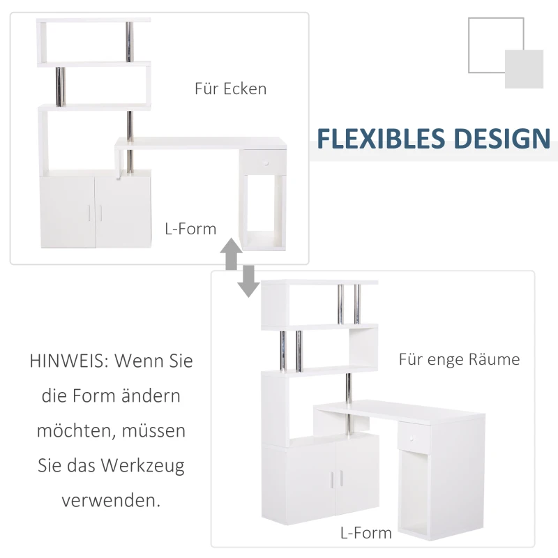 HOMCOM L-vormig / I-vormig bureau, computerbureau, hoekbureau, roestvrij staal, wit