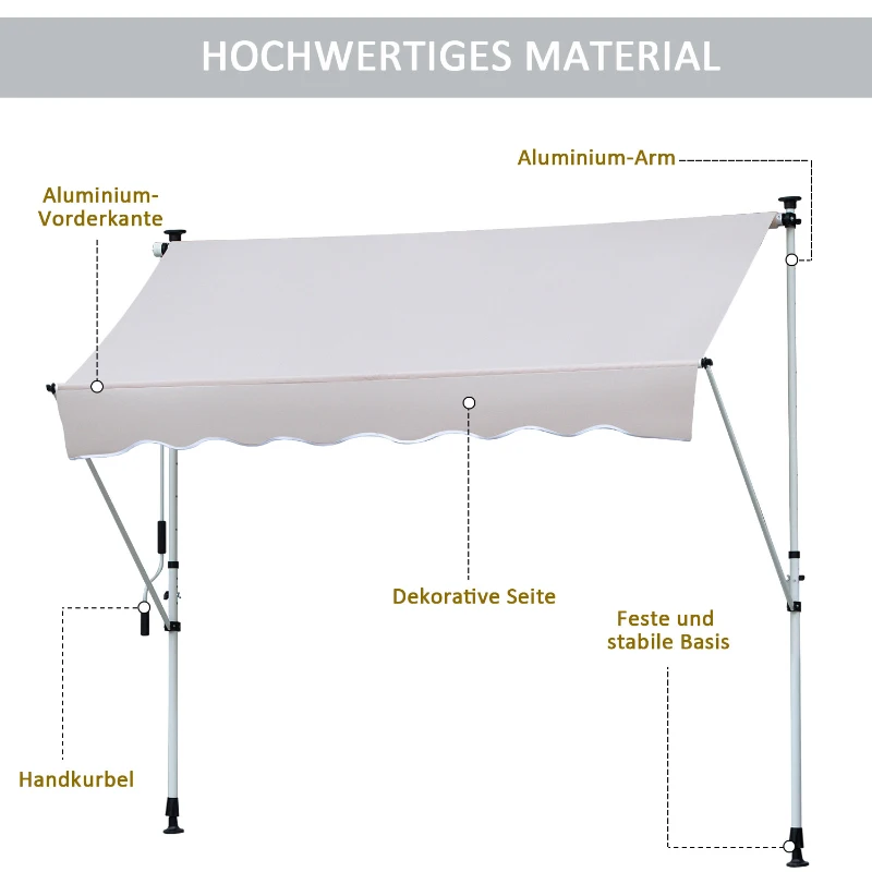 Outsunny Luifel opklaparm klem luifel zonwering handslinger balkon aluminium 3 x 1,2 m creme