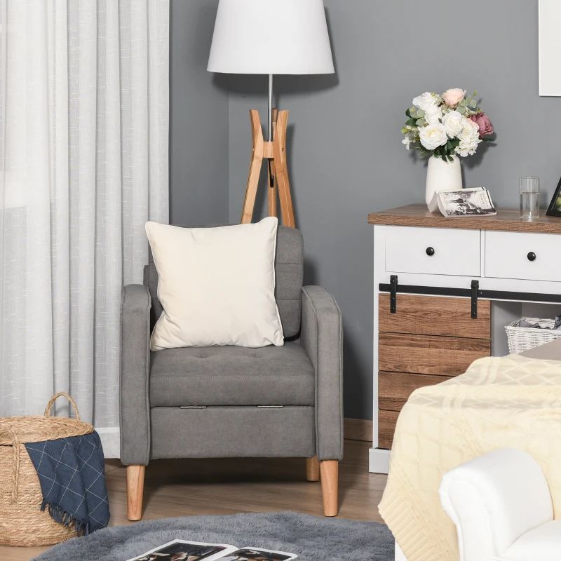 HOMCOM Eenpersoonsstoel relaxstoel met opbergruimte gestoffeerde stoel bank houten poten polyester