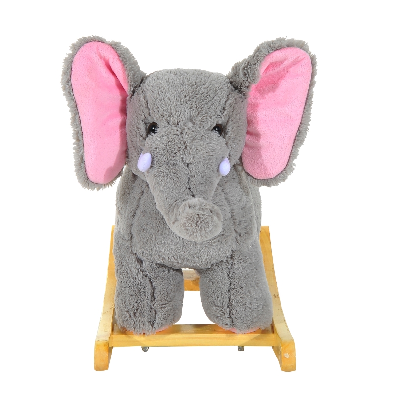 HOMCOM Baby Horse Rocker Kids Rocking Horse Animal Rocker Wooden Kids Plush Ride On Elephant-Grey