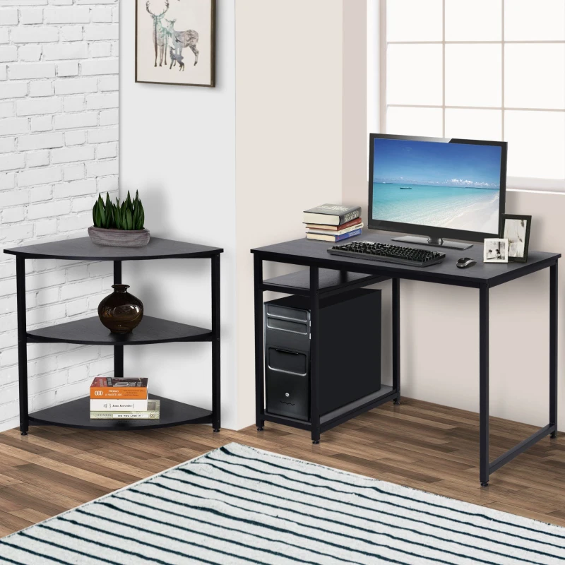 HOMCOM Two-Piece Computer Desk Moveable Corner Desk w/ Shelves Metal Frame Laminate Top Adjustable Feet Black Office Work