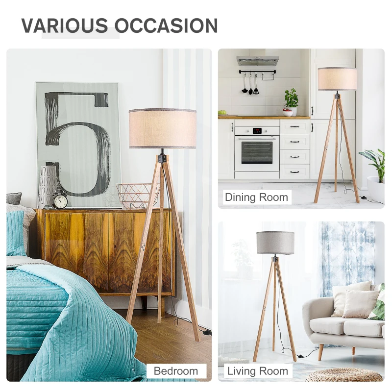 HOMCOM Rubber Wood Tripod Floor Lamp Grey