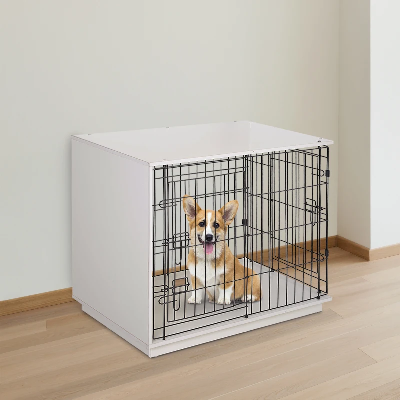 PawHut 35" MDF Base Metal Wire 2-Door Small Pet Cage White