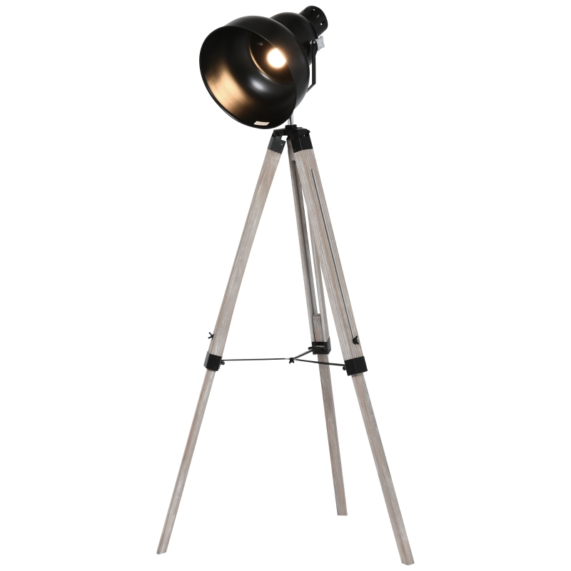 HOMCOM Pine Wood Height Adjustable Freestanding Tripod Floor Lamp Black