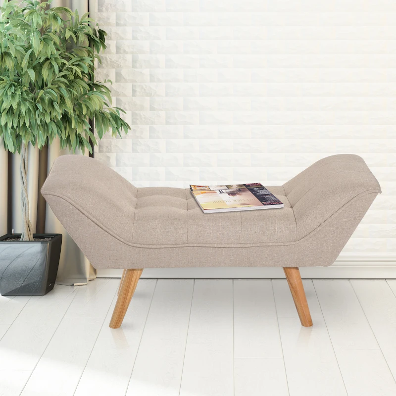 HOMCOM Linen Upholstered Bedroom Bench w/ Oak Wood Legs Beige