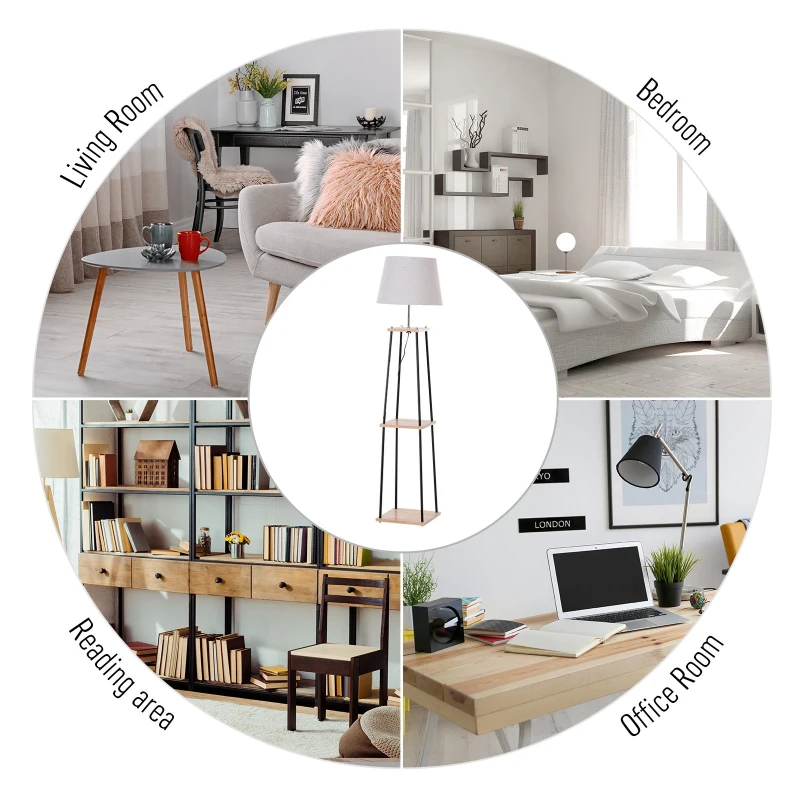 HOMCOM Metal Frame 3-Tier Shelf Tripod Lamp w/ Foot Switch Beige