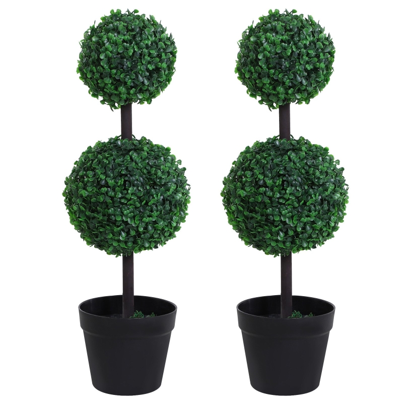 Outsunny PE Set of 2 Artificial Boxwood Double Ball Topiary Plant Tree's Green