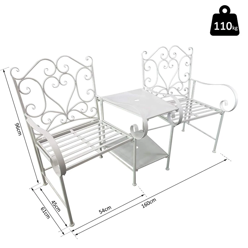 Outsunny Metal Outdoor Garden Bench Middle Small Table High Backrest 2 Seater