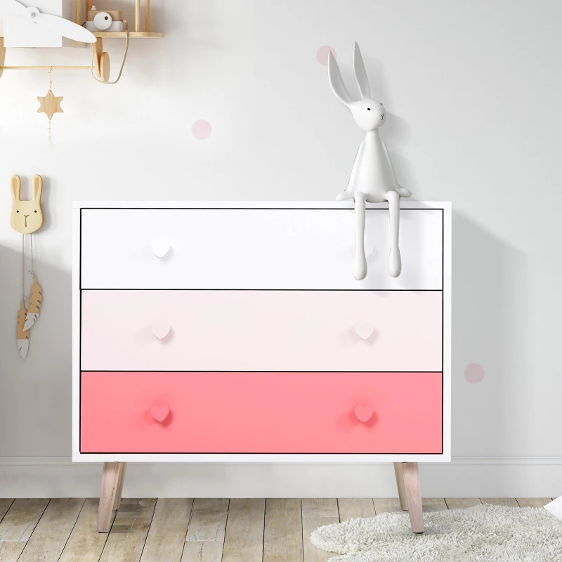 HOMCOM Kids MDF Heart-Shaped Handle Set of 3 Drawers Pink