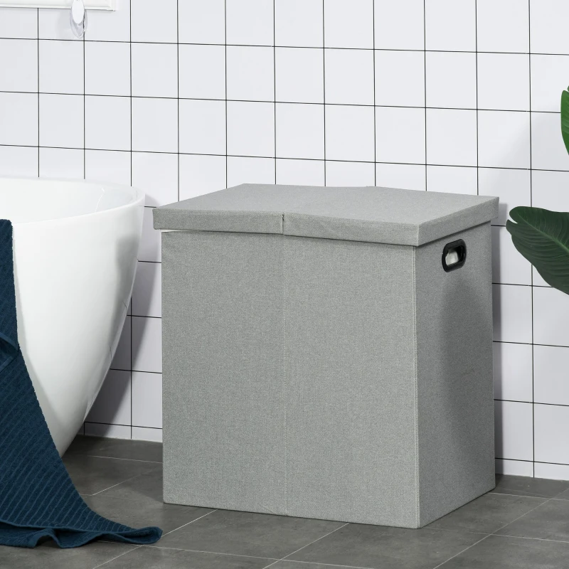 HOMCOM 115L Folding Laundry Hamper Storage Basket 2 Sections w/ Lid Removable Liner