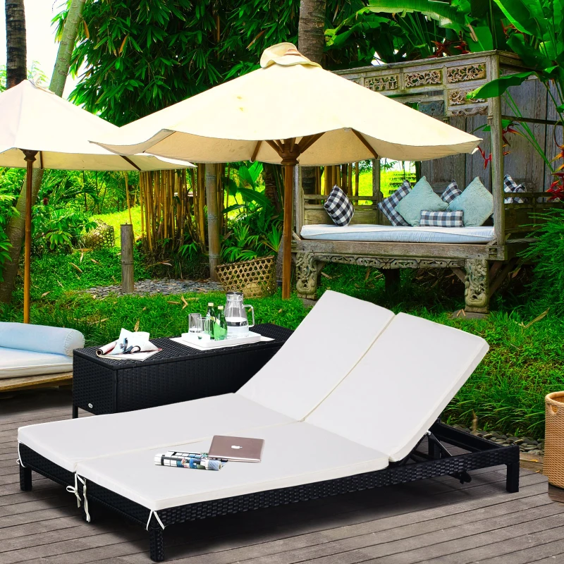 Outsunny PE Rattan 2-Seater Reclining Sun Lounger Black