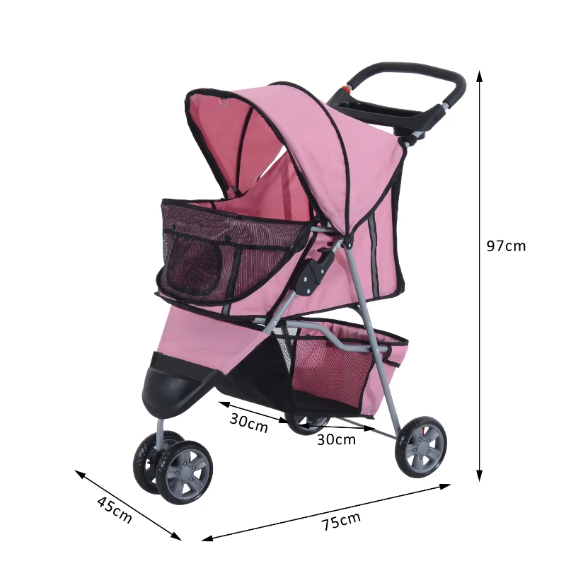 PawHut Dogs Oxford Cloth Three Wheel Pram Pink - Suitable for Small Pets