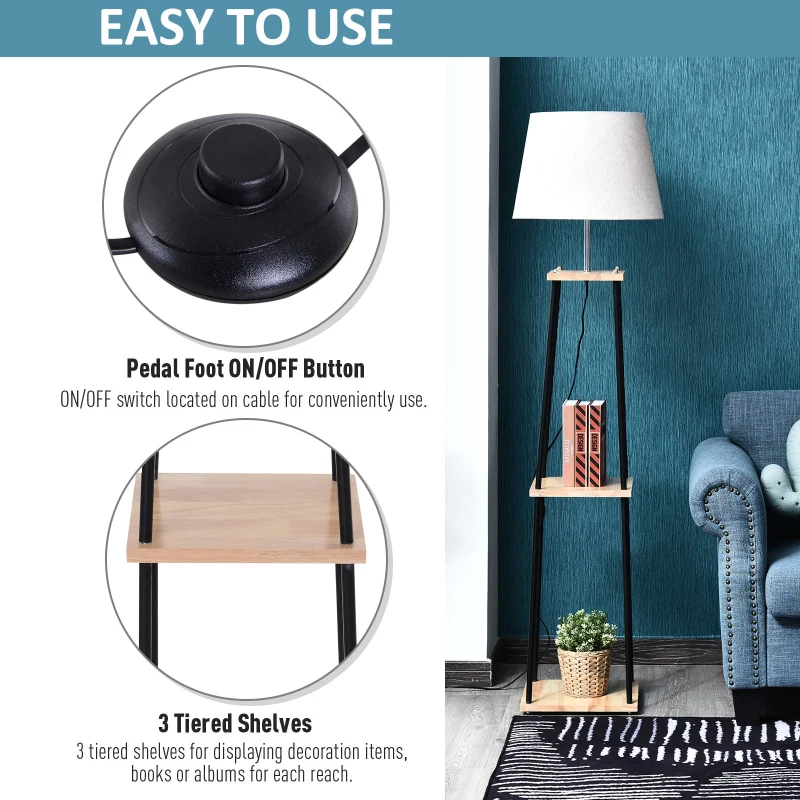 HOMCOM Metal Frame 3-Tier Shelf Tripod Lamp w/ Foot Switch Beige