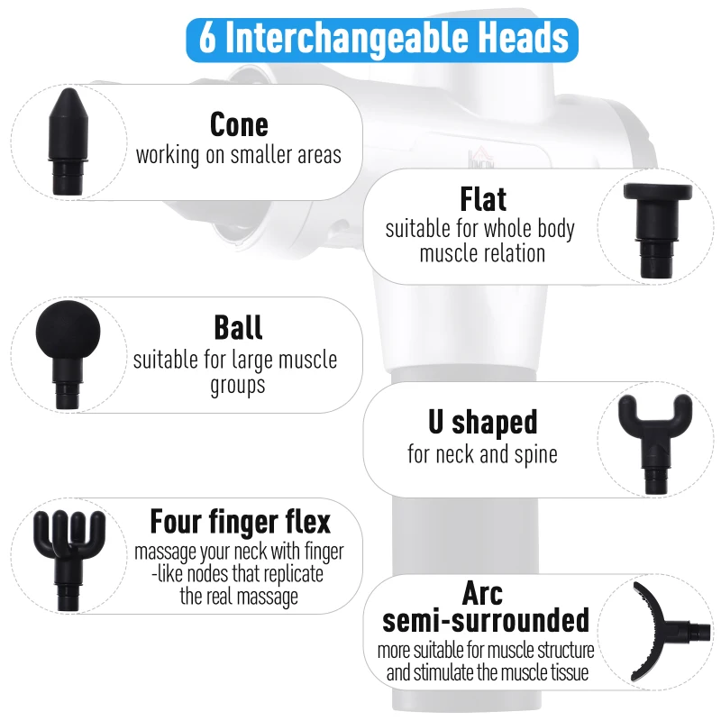 HOMCOM Silica Gel 6-Head 20-Level Intensity Handheld Electric Massager Black