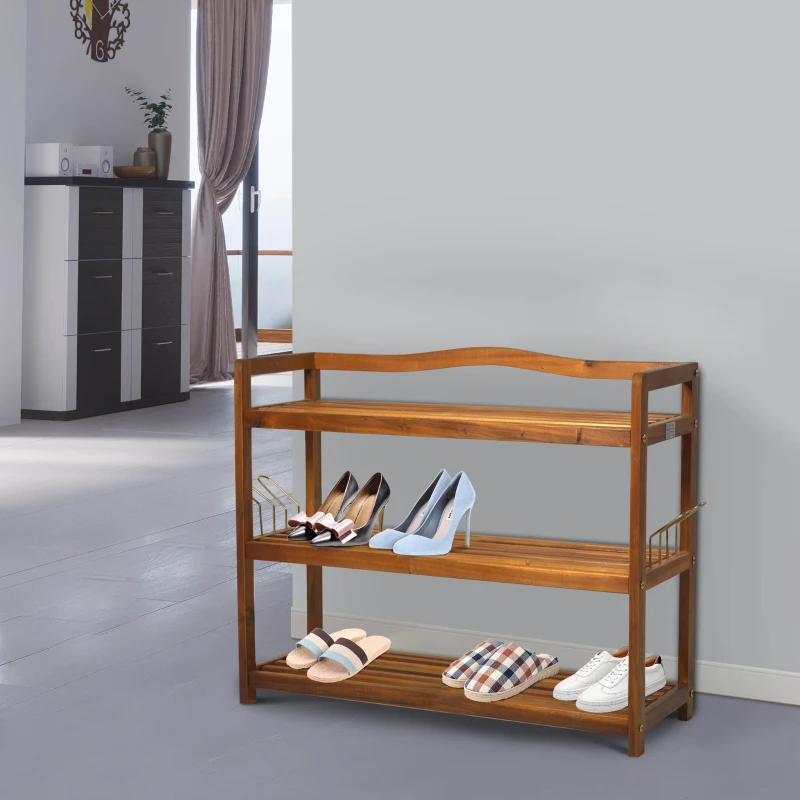 HOMCOM 12 Pairs Shoe Rack W/ Slipper Hanger, Acacia Wood-Teak Colour