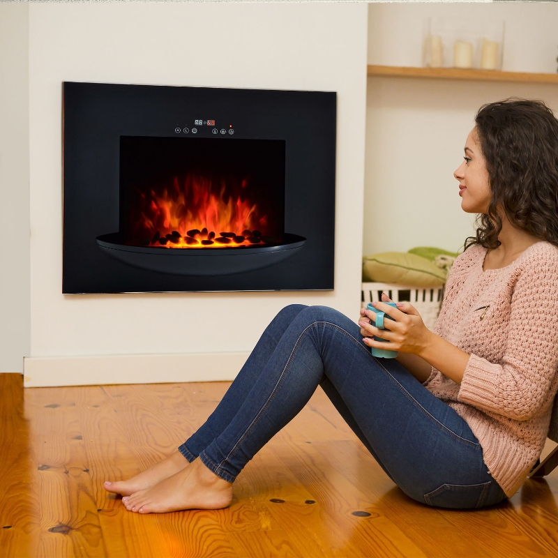 1800W Wall Mount Electric Fire Place Flame Heat 7 Coloured LED