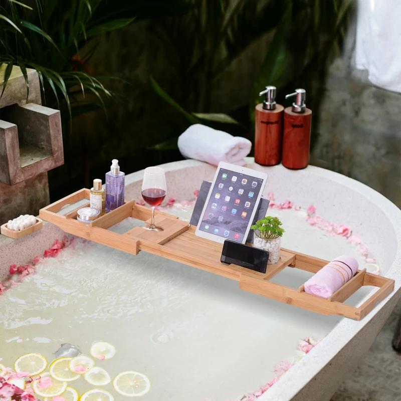 Kleankin Bath Rack Caddy Bath Tray Caddies, 73.5-108L x 23W x 6Hcm-Natrual Bamboo Colour