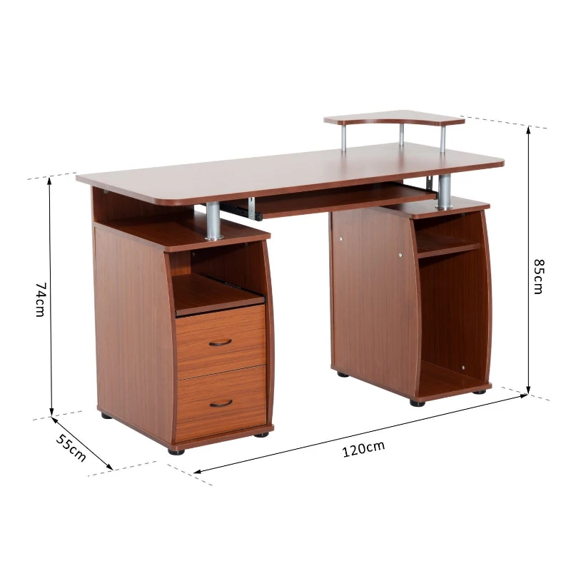 HOMCOM MDF Multi-Level Home Office Workstation Desk with Drawers Brown