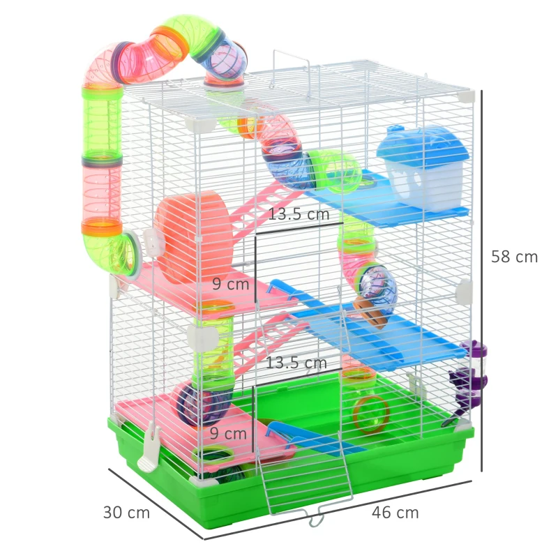 Pawhut 5 Tier Hamster Cage, Gerbil Cage with Tube Exercise Wheels, Tunnel, Water Bottle, Dishes, Green, 58H x 46L x 30Wcm