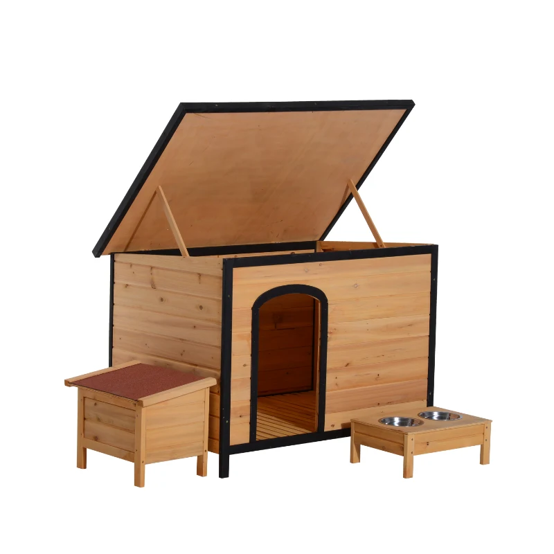 PawHut 116Lx79Wx82 H cm Elevated Pet House W/Opening Roof-Wood