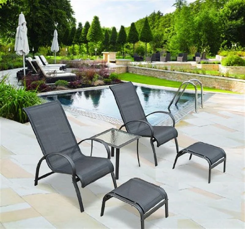 Outsunny 5 Pc Garden Lounger Set: 2 xChairs, 1 xCoffee Table, 2 xFoot Stool-Black