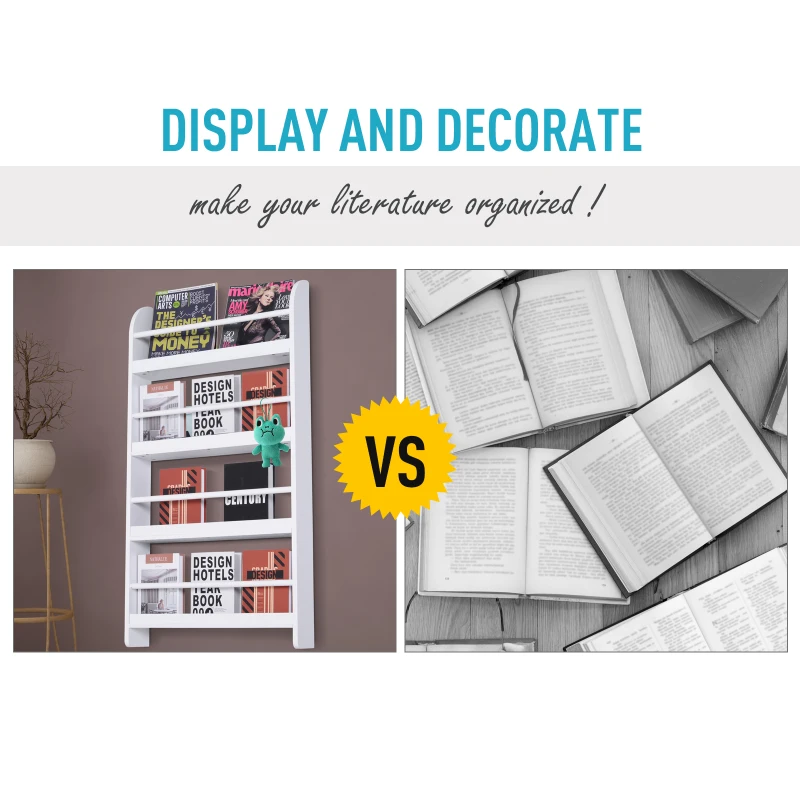 HOMCOM 4-Tier Floating Bookshelf, Space Saving Wall Mounted Bookcase for Home Office, Study, White