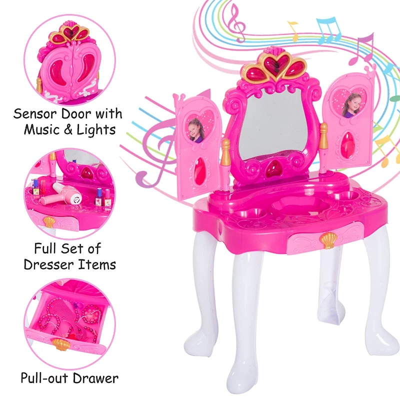 HOMCOM 23 pcs Pretend Role Play Glamour Dressing Table Set-Pink