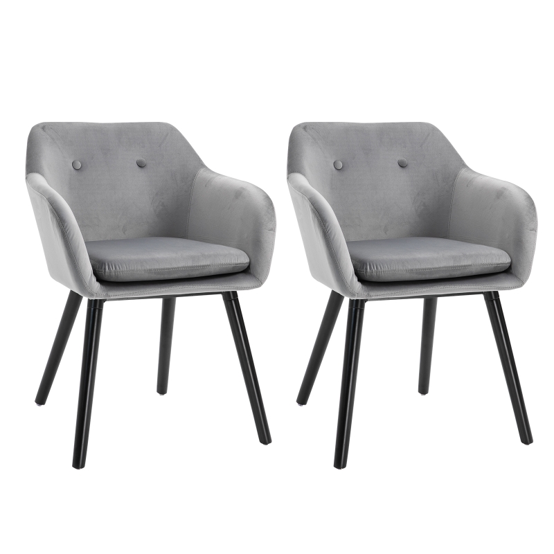 HOMCOM Velvet Tufted Set Of 2 Kitchen Dining Armchairs Grey