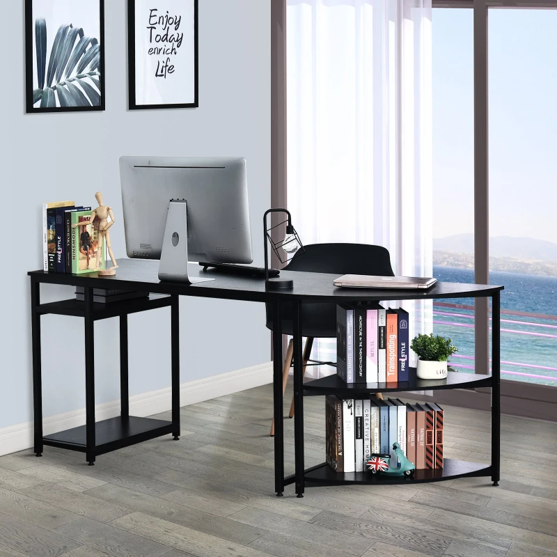 HOMCOM Two-Piece Computer Desk Moveable Corner Desk w/ Shelves Metal Frame Laminate Top Adjustable Feet Black Office Work