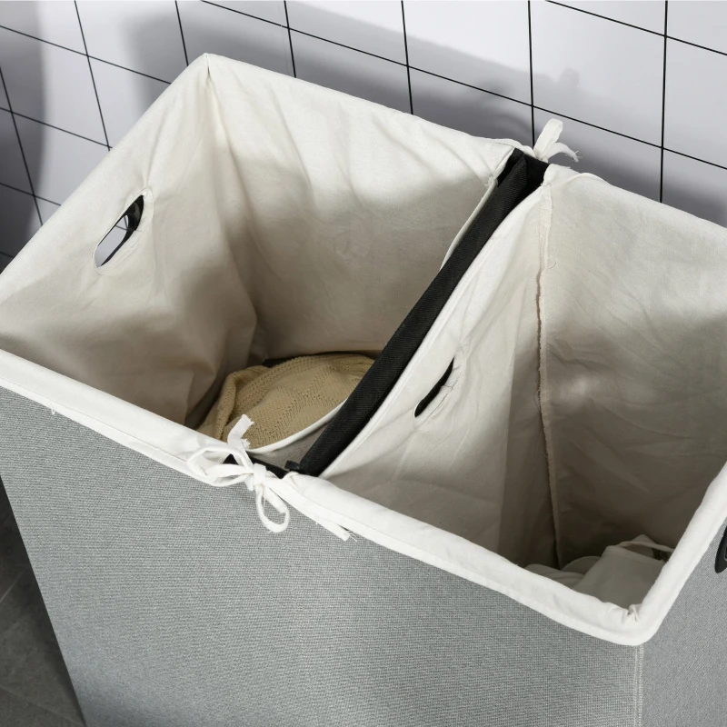 HOMCOM 115L Folding Laundry Hamper Storage Basket 2 Sections w/ Lid Removable Liner