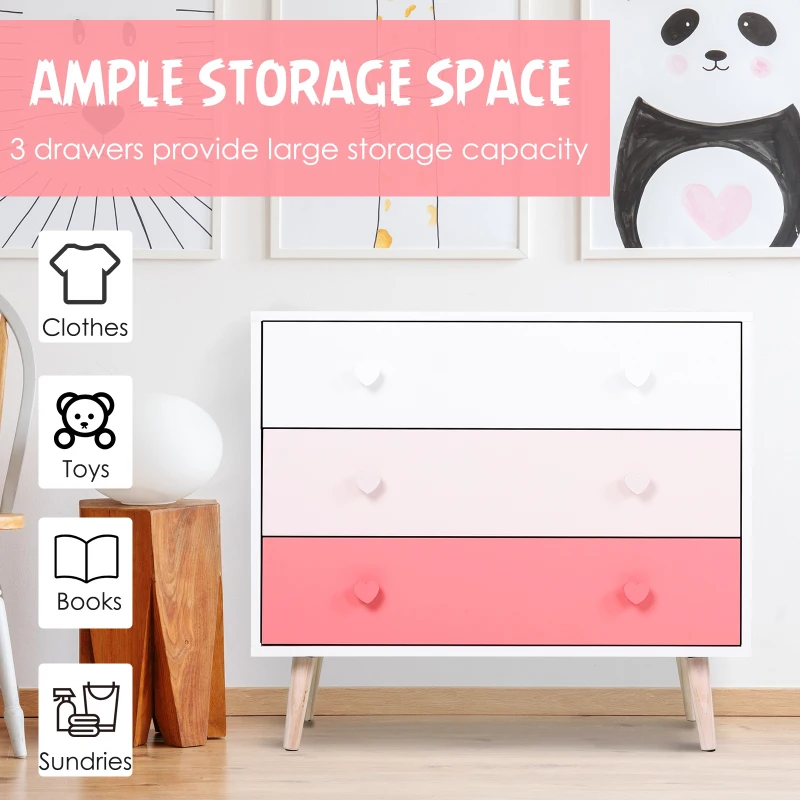 HOMCOM Kids MDF Heart-Shaped Handle Set of 3 Drawers Pink