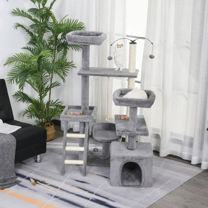PawHut Cats Sisal Rope Multi-Level Activity Scratching Tree Grey