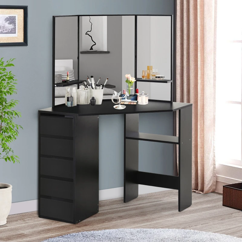 HOMCOM Elegant Dressing Table w/ Tri-Mirror 5 Drawers 2 Shelves Vanity Dresser Black