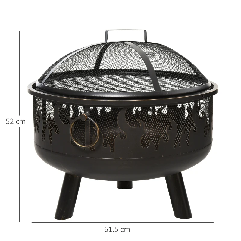 Outsunny Outdoor 2-In-1 Round Fire Pit with Lid, Grill, Poker, Handles, Metal Firepit Bowl for Backyard, Camping, BBQ, Bonfire, Wood Burning Stove, 61.5 x 61.5 x 52cm, Black