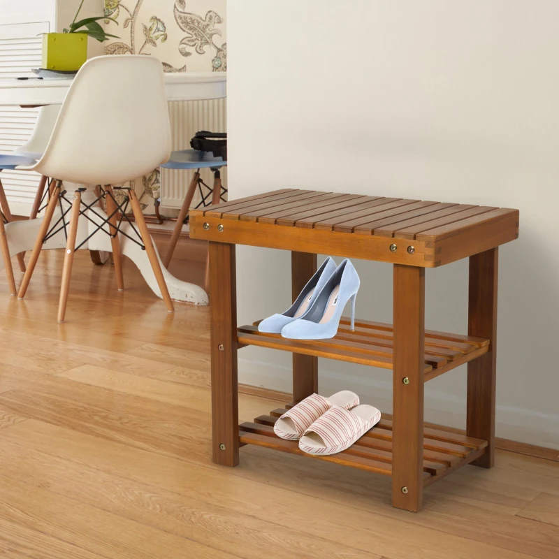 HOMCOM 3-Tier Shoe Rack Stool, Acacia Wood-Teak Colour