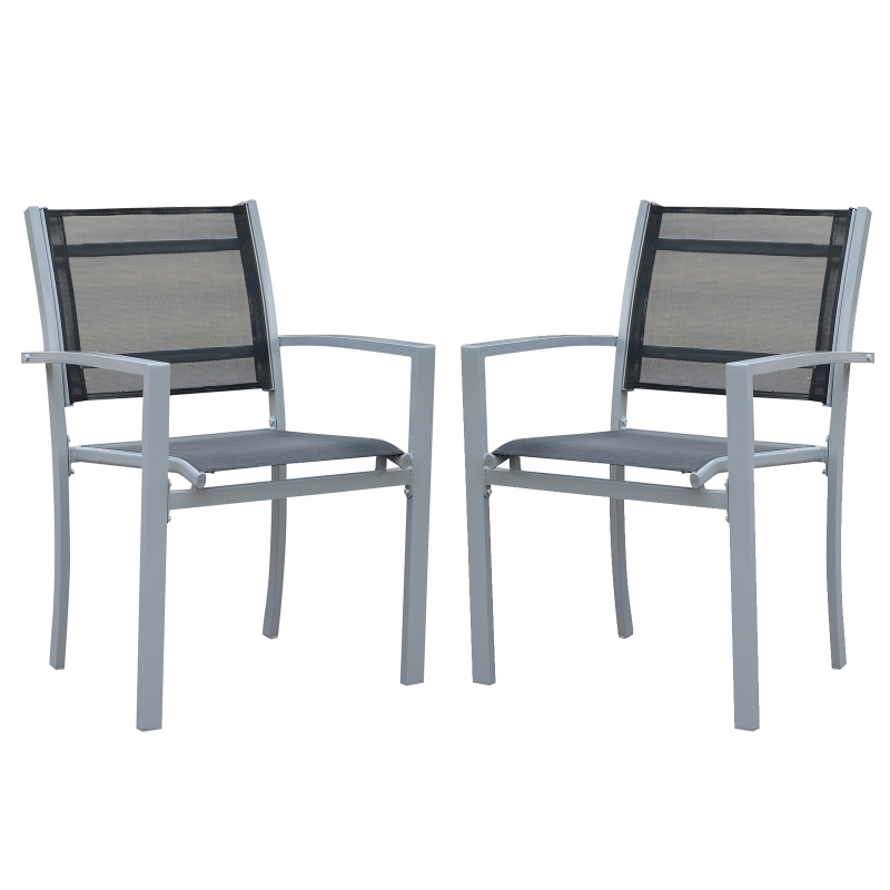 Outsunny Set Of 2 Outdoor Chairs Square Steel Frame Texteline Mesh Seats Foot Caps Grey