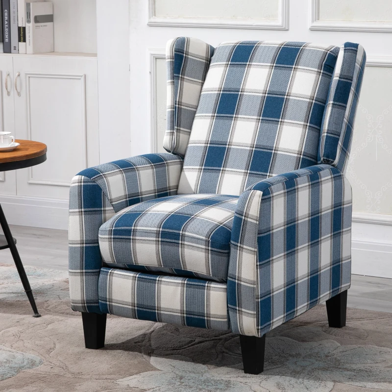 HOMCOM Polyester Upholstered Reclining Plaid Armchair w/ Retractable Footrest Blue