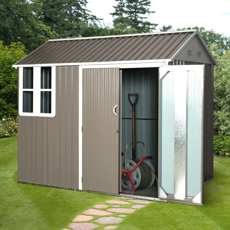Outsunny 8x6ft Corrugated Steel Plate Garden Shed w/ Window Grey