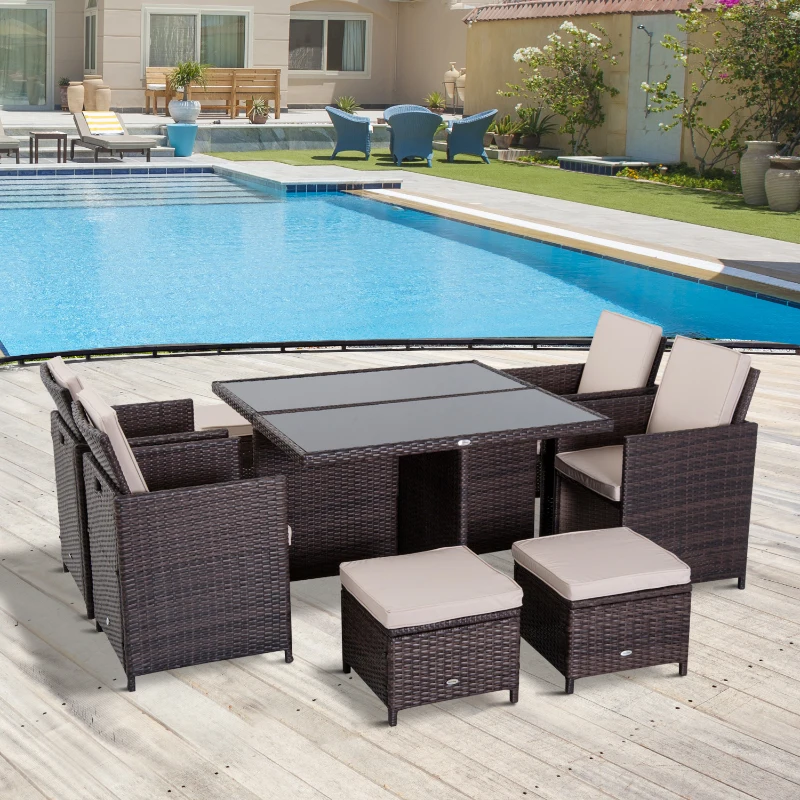 Outsunny 9 PCS Rattan Dining Set-Brown