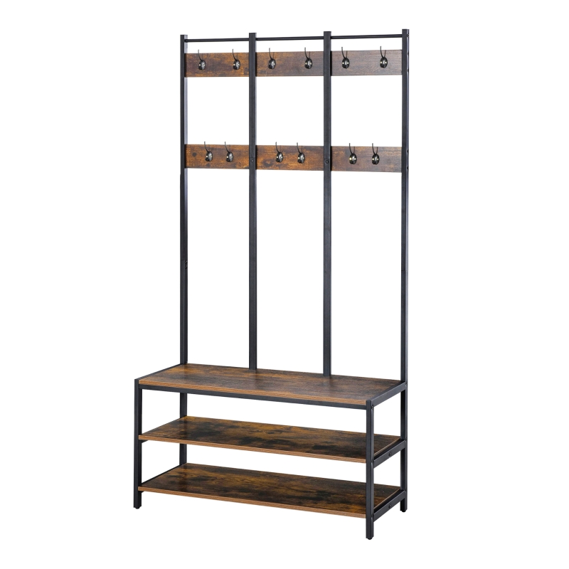 HOMCOM Industrial Coat Rack Shoe Bench Hall Tree Entryway Clothes Storage Shelf W/ Hook