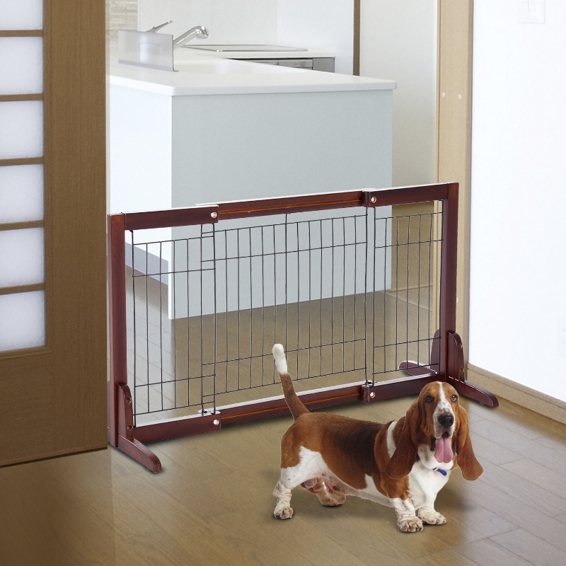 PawHut Pine Wood Freestanding Adjustable Pet Barrier Fence Brown