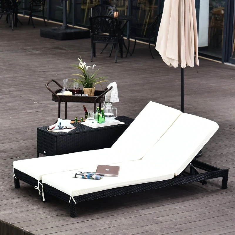 Outsunny PE Rattan 2-Seater Reclining Sun Lounger Black